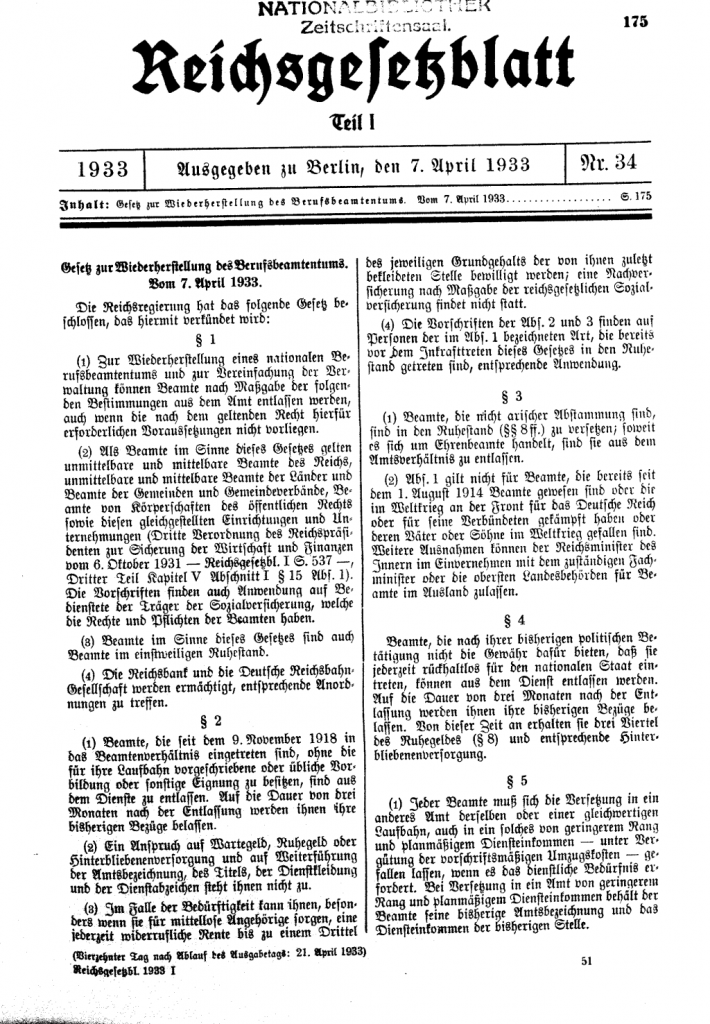 Das Berufsbeamtengesetz – „Gesetz zur Wiederherstellung des Berufsbeamtentums“ – vom 7. April 1933, der gesetzliche Ausgangspunkt für die Entlassung von jüdischen und politisch verfolgten Menschen im NS-Staat.